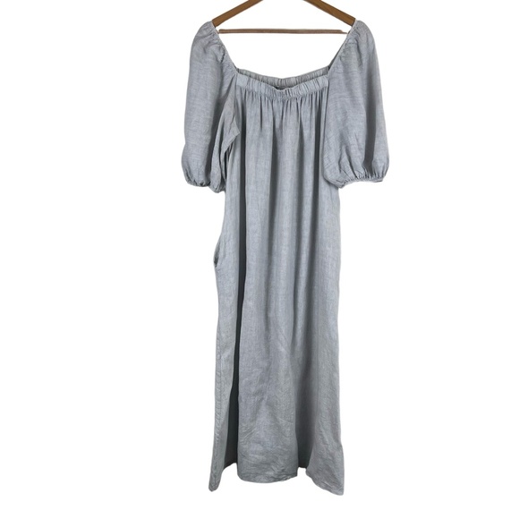 Meo Meli 100% Linen Midi Dress Gray/Blue Pockets Coastal Luxury Bump Friendly - Picture 1 of 7